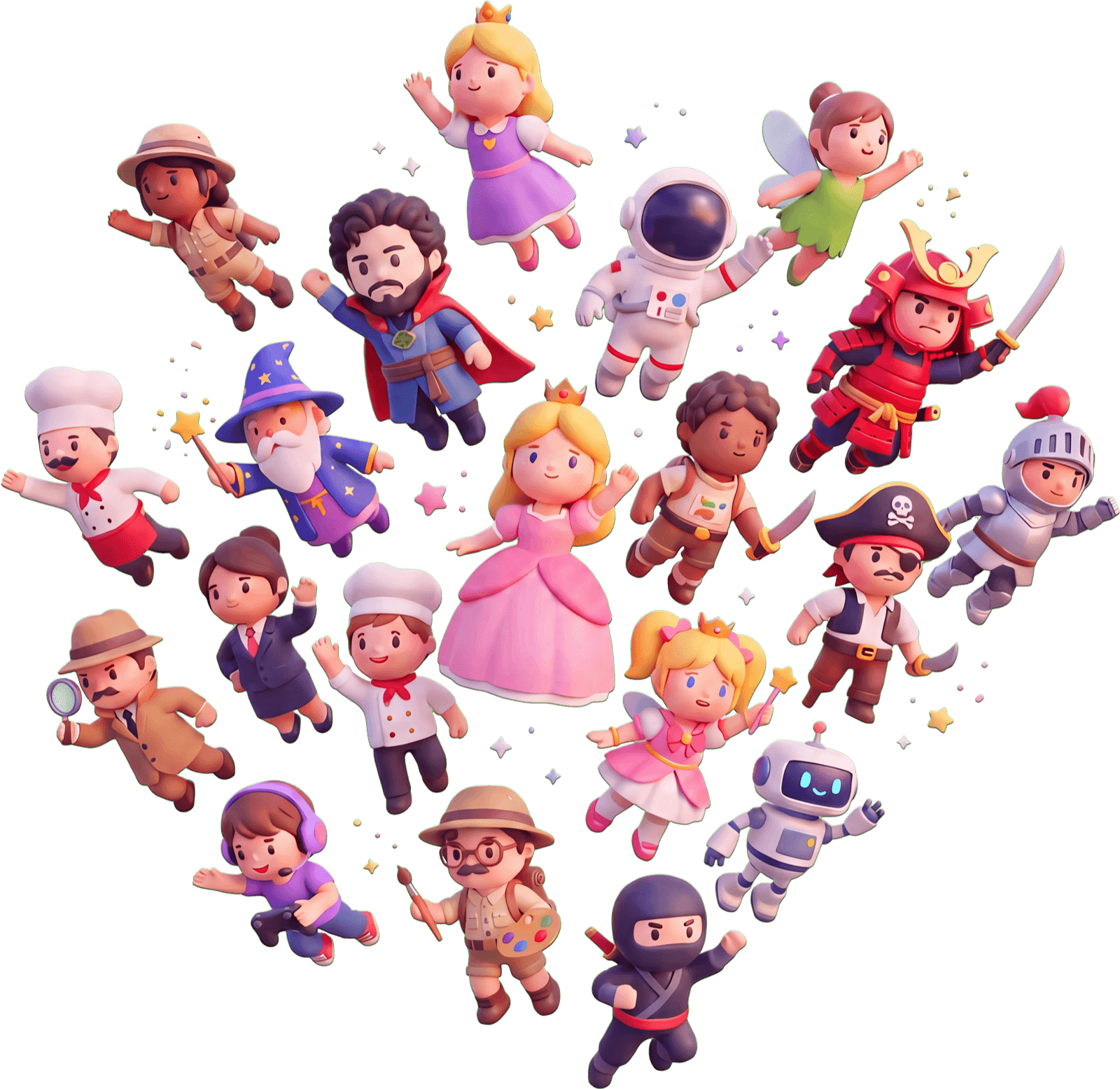 A heart made of many cute Chibly characters — princesses, astronauts, wizards, pirates, knights, and more